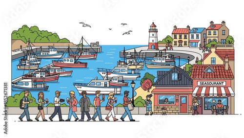 Colorful Flat Illustration of a Busy Coastal Harbor with Fishing Boats, a Lighthouse, Seaside Restaurant, and Diverse People Walking Along the Scenic Waterfront