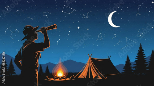 Scout observing constellations with telescope at night campsite starry sky with crescent moon and campfire adventure and astronomy
