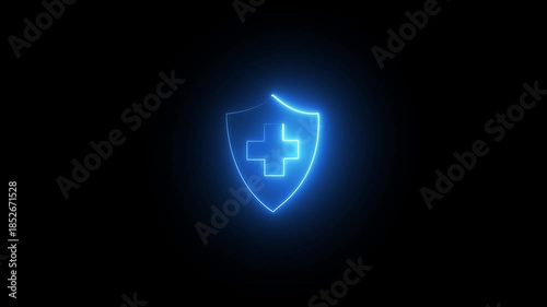 The glowing health insurance and medical welfare concept. Future healthcare planning on the black background 4k animation 