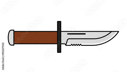 Hunting knife with brown handle sharp blade and serrated edge isolated on white background for survival or camping concepts