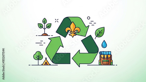 Recycling symbol with nature elements representing eco-friendly scouting and outdoor adventure flat vector illustration