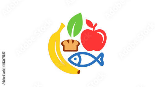 Healthy food balance illustration with banana, apple, fish, bread, and leaf