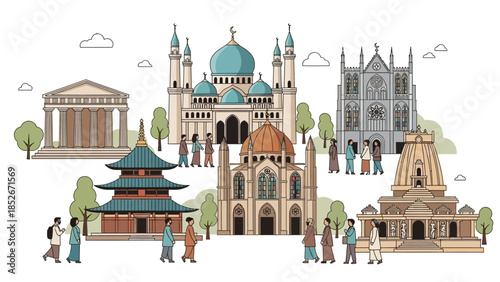 Diverse People Walking Among Global Religious Landmarks Including Mosque Church Temple Pagoda and Synagogue in a Clean Flat Vector Style Illustration Concept.