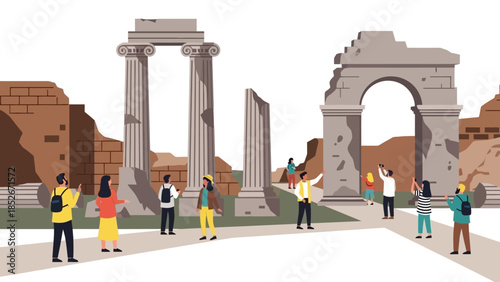 A flat vector illustration of diverse tourists exploring ancient Greek or Roman ruins with stone columns and a large archway at an archaeological heritage site.