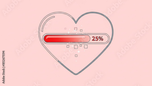 Heart shaped loading bar at 25 percent representing progress in love or health with minimalist vector illustration on a soft pink 