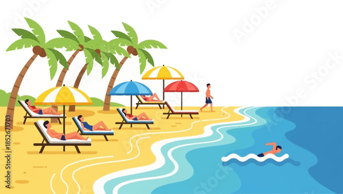 Flat vector illustration of a tropical beach resort with people sunbathing on lounge chairs under colorful umbrellas, palm trees, and a person swimming in sea.