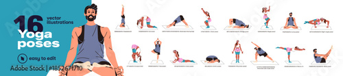 Different yoga postures set. People practice asanas, warrior, lotus, cat and tree poses. Man and woman stretch, do sports exercises while training, workout. Flat isolated vector illustrations on white