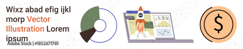 Business development, financial insights, startup growth, market strategy, economic planning, data visualization. Rocket launching from a laptop with graphs, pie chart and dollar symbol. Business