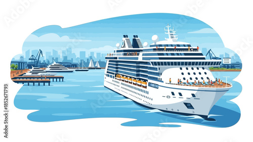 Modern flat vector illustration of a luxury cruise ship departing from a busy city harbor port with passengers on deck and yachts in the background blue ocean.