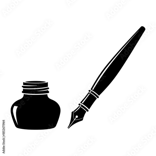 Classic fountain pen with ink bottle illustration in silhouette.