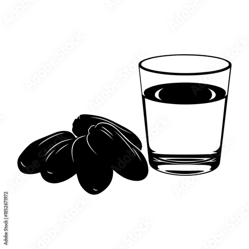 Glass of water with whole dates simple illustration.