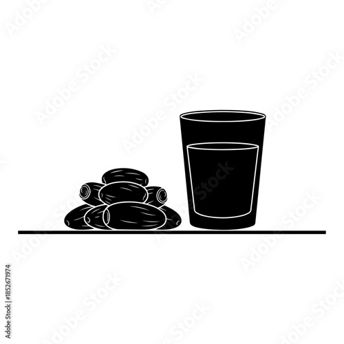 Glass of juice alongside fresh dates on surface.