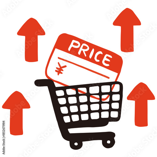 Shopping Basket with Price Tags and Up Arrow Vector – Inflation Concept