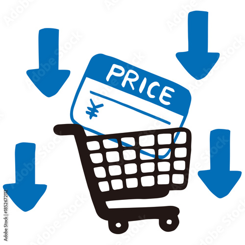Shopping Basket with Price Tags and Down Arrow Vector – Deflation Concept