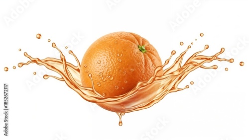 Fresh orange splashing in water with droplets on a white background. An orange bursts into water, sending droplets in all directions on a simple white background.  