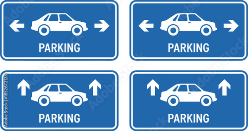Four Blue Parking Signs with White Car Icons and Arrows Keywords: parking, sign, traffic, road, symbol, information, direction