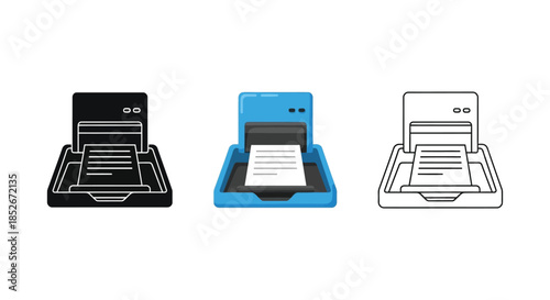 Set of three paper shredder icons in solid black, blue flat color, and outline styles