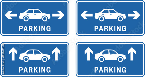 Four Blue Parking Signs with White Car Icons and Arrows Keywords: parking, sign, traffic, road, symbol, information, direction