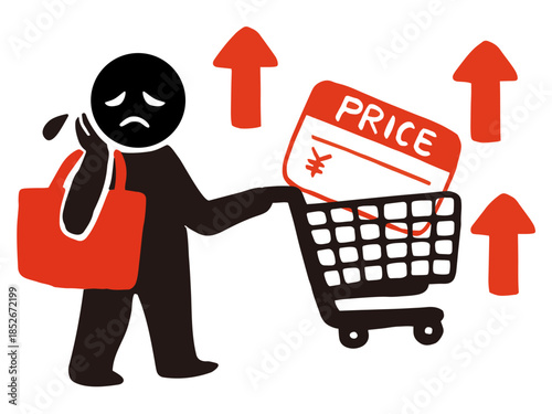 Shopping Basket with Price Tags and Up Arrow Vector – Inflation Concept