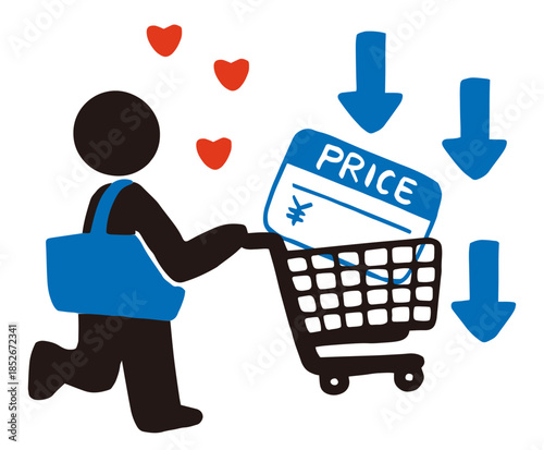 Shopping Basket with Price Tags and Down Arrow Vector – Deflation Concept