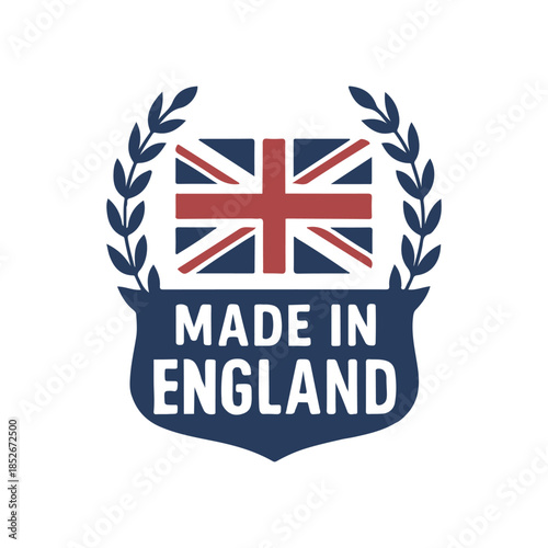 Made in England emblem with laurel wreath. British quality badge with UK flag. England origin label classic design.