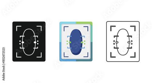 Fingerprint scanning icon set representing biometric security in glyph, flat, and outline styles