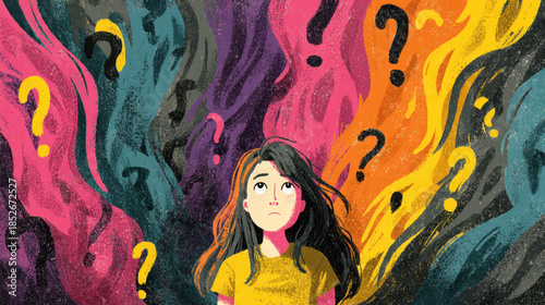 Confused girl illustration colorful question mark mental health anxiety depression stress uncertainty overwhelmed emotion abstract background inner turmoil art young woman surrounded by