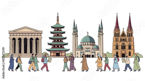 Diverse group of people walking past global landmarks including a Greek temple, Japanese pagoda, Islamic mosque, and Gothic cathedral representing world unity.