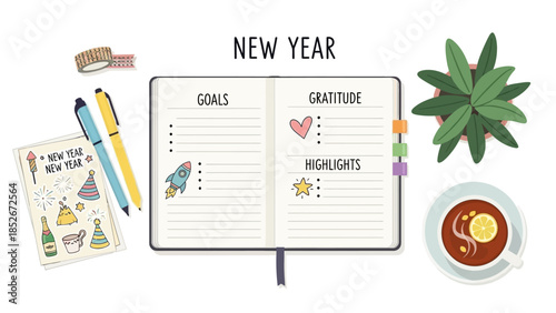  New year goals and gratitude bullet journal flat lay with stationery vector illustration
