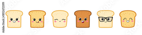 Set toasts, cute toast, fun character cartoon, sliced bread, big eyes, happy smiling face, kawaii style, breakfast symbol, vector illustration.