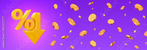 3d yellow low price icon and flying golden coins with percent sign with stars. Horizontal banner for promotion. Stock vector illustration on purple isolated background.