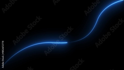 Neon blue glowing curved upward line graph on dark background representing business growth, financial performance, data analytics and market trend.