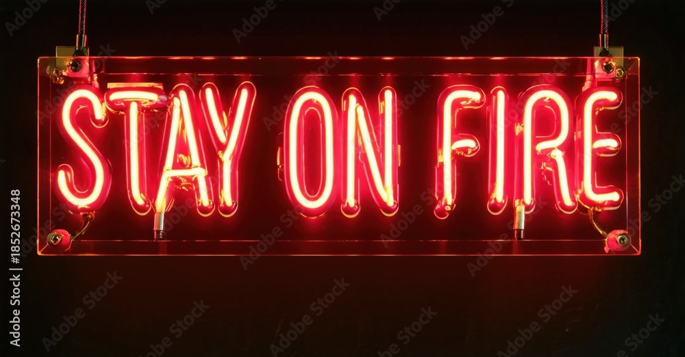 Fototapeta premium Bright red neon sign displays text Stay on Fire. Dark background emphasizes glowing illumination. Simple, bold message.