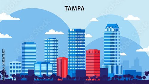 Iconic Tampa Skyline A Vibrant Illustration of Florida's Coastal City Featuring Modern Architecture and Blue Skies
