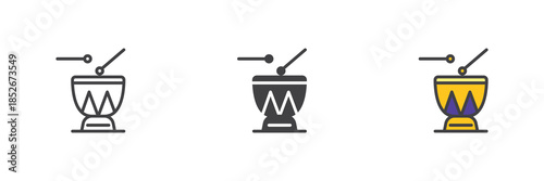 Djembe drums line, solid and colorful different style icon set pack