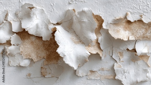 Peeling white paint on aged wall surface shows texture and decay