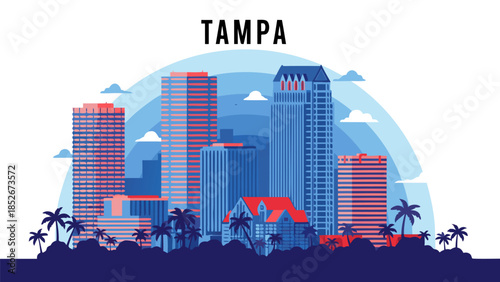 Tampa Cityscape Illustration Modern Buildings, Palm Trees, and Blue Sky