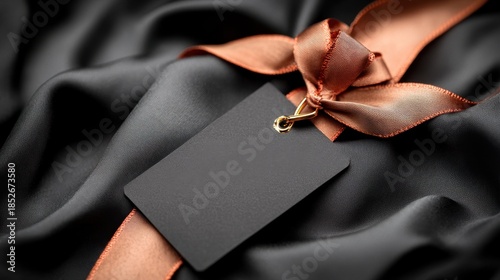 Elegant black gift tag with copper ribbon on luxurious black silk fabric