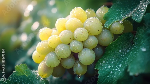 Albariño Day. Fresh green grapes with dew on vine in sunlight