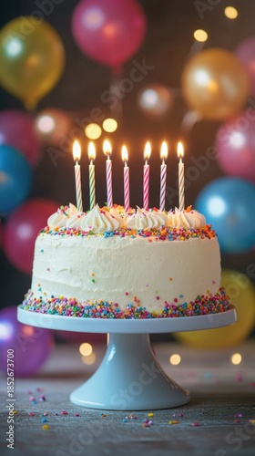 Colorful birthday cake with sprinkles and candles against balloon-filled background