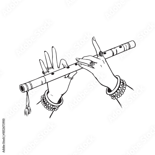 Lord Krishna hands playing flute line art drawing. Indian classical music instrument bansuri vector illustration. Traditional hands with jewelry sketch.
