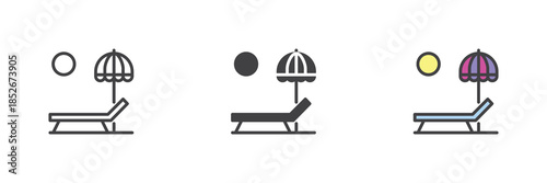 Beach lounger line, solid and colorful different style icon set pack