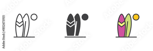 Surfboards line, solid and colorful different style icon set pack