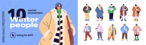 People wearing winter clothes set. Diverse men and women wrap into scarves, hats, mittens and coats. Characters in outerwear for cold weather and frost. Flat isolated vector illustrations on white