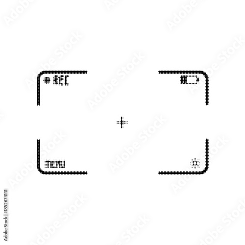 Camera viewfinder frame with focus marks and UI icons in black and white halftone style. Minimal photography interface overlay isolated on white background for photo, video or design use.