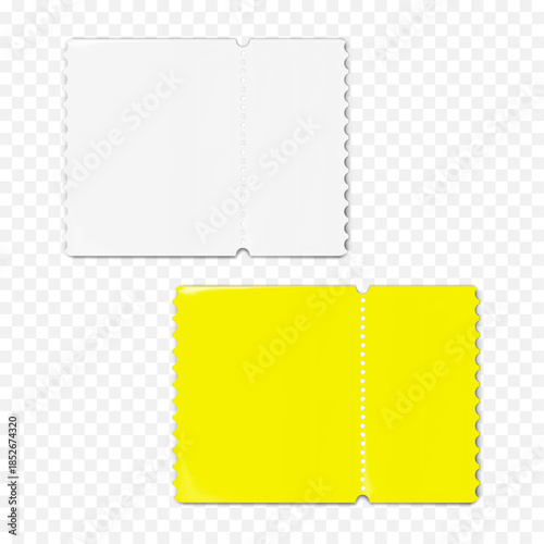 Blank tear-off ticket promotional card. White and color. Easy editable. Realistic 3d vector mockup. Perforated promo flyer with detachable discount coupon. Mock-up. Template for design