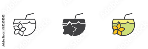 Coconut cocktail line, solid and colorful different style icon set pack