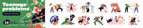 Teen life problems set. Concept of troubles and difficulties of teenagers. Depression, psychological and social pressure, self determination and abuse. Flat isolated vector illustrations on white