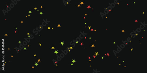 black background with star shape. Colorful twinkling stars scattered across a dark night sky creating a festive background
