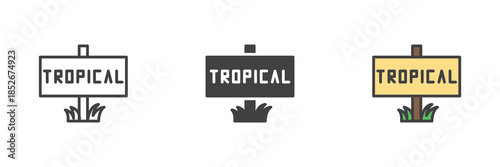 Tropical signboard line, solid and colorful different style icon set pack